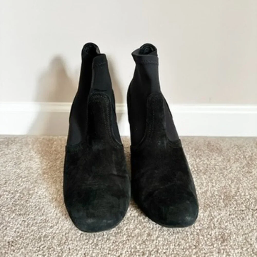 Tory Burch Brenda Suede Stretch Sock Wedge Booties Black Silver 8.5
